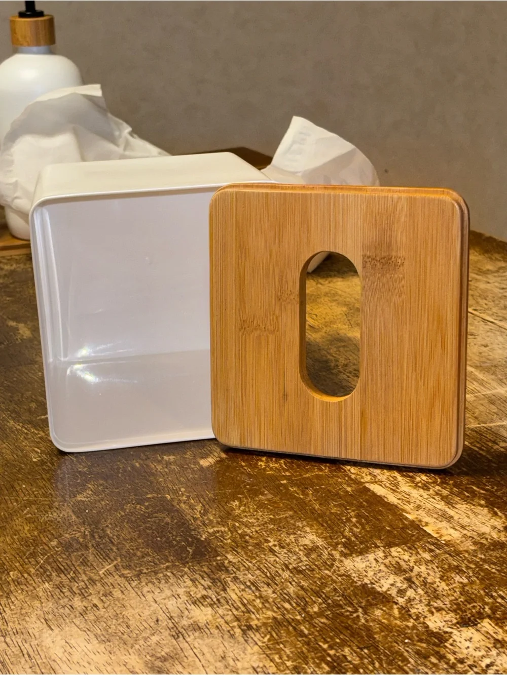Modern Bamboo Bathroom Set Soap Lotion Dispensers Tissue Box White 3 Pc